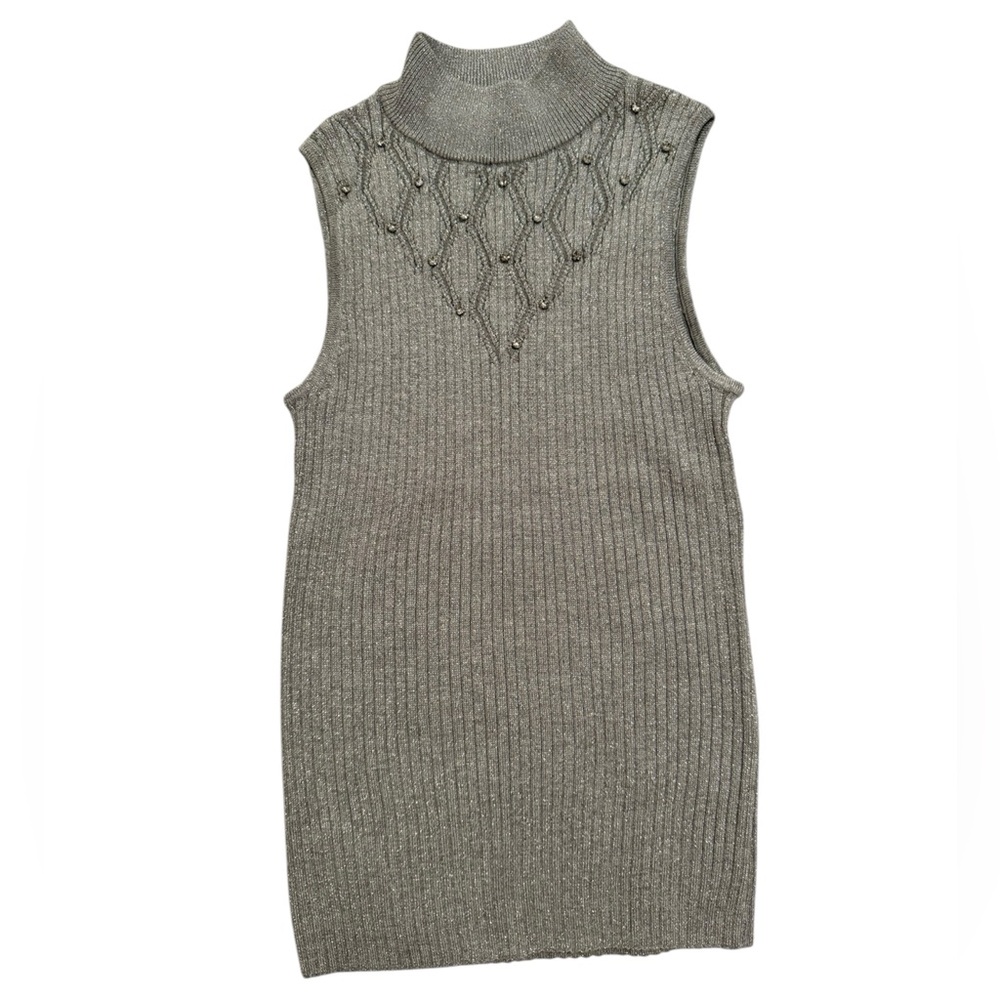 NWT Carmen Marc Valvo Grey/Silver Lurex Sleeveless Sweater Top Size XS